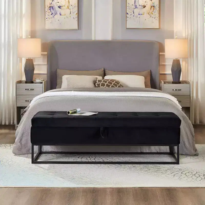 Banc de rangement de 148,8 cm avec base en métal et grand espace de rangement, banc d'entrée capitonné, banc de bout de lit pour salon, chambre