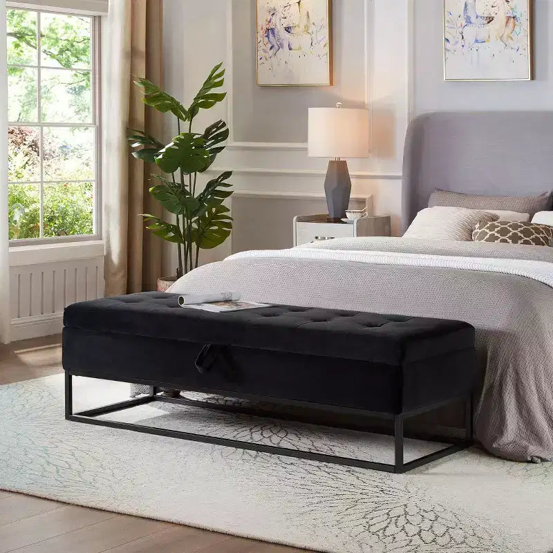 Banc de rangement de 148,8 cm avec base en métal et grand espace de rangement, banc d'entrée capitonné, banc de bout de lit pour salon, chambre