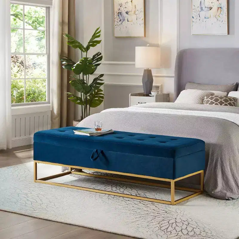 Banc de rangement de 148,8 cm avec base en métal et grand espace de rangement, banc d'entrée capitonné, banc de bout de lit pour salon, chambre
