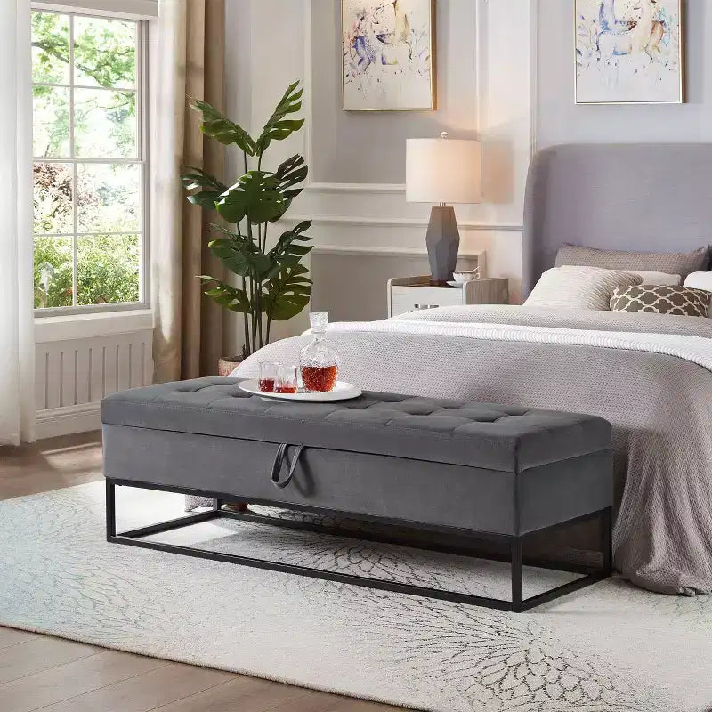 Banc de rangement de 148,8 cm avec base en métal et grand espace de rangement, banc d'entrée capitonné, banc de bout de lit pour salon, chambre