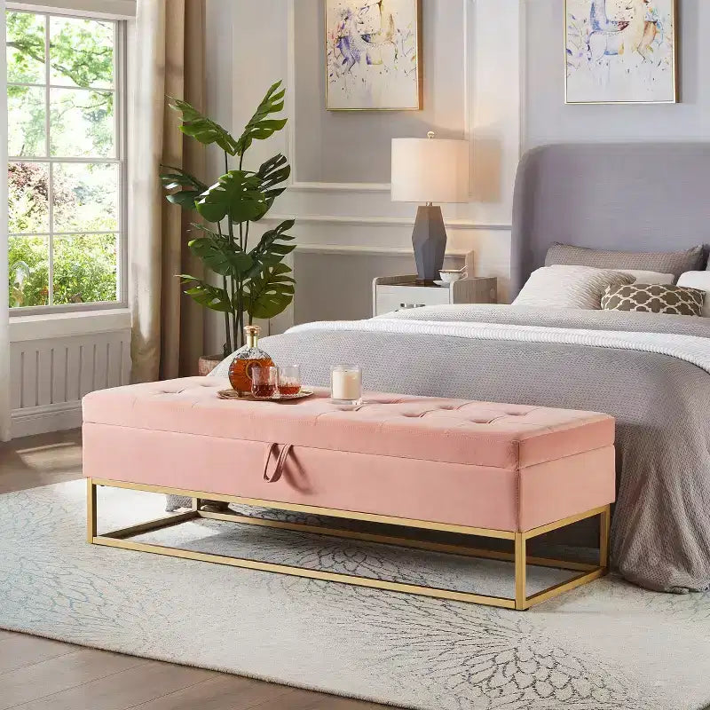 Banc de rangement de 148,8 cm avec base en métal et grand espace de rangement, banc d'entrée capitonné, banc de bout de lit pour salon, chambre