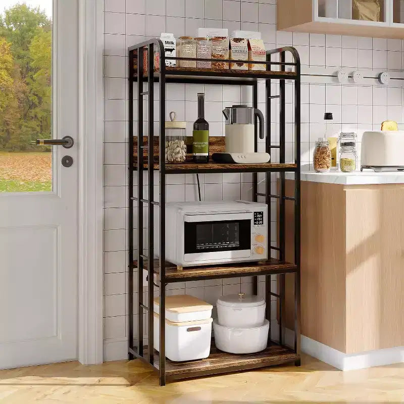 Étagère de cuisine à boulanger avec tablettes réglables et roues, chariot de cuisine à 4 niveaux pour micro-ondes avec prise électrique optionnelle pour rangement domestique