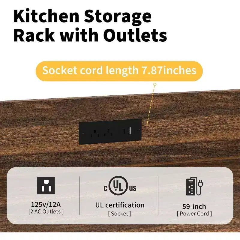 Étagère de cuisine à boulanger avec tablettes réglables et roues, chariot de cuisine à 4 niveaux pour micro-ondes avec prise électrique optionnelle pour rangement domestique