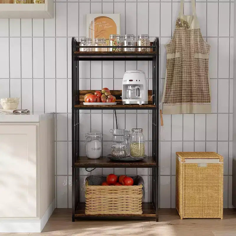 Étagère de cuisine à boulanger avec tablettes réglables et roues, chariot de cuisine à 4 niveaux pour micro-ondes avec prise électrique optionnelle pour rangement domestique