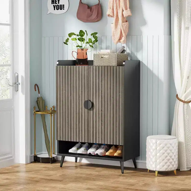 Meuble à Chaussures avec Portes, Étagère à Chaussures à 7 Niveaux avec Étagères Réglables, Organisateur de Rangement de Chaussures en Bois pour Entrée, Placard, Salon, Gris