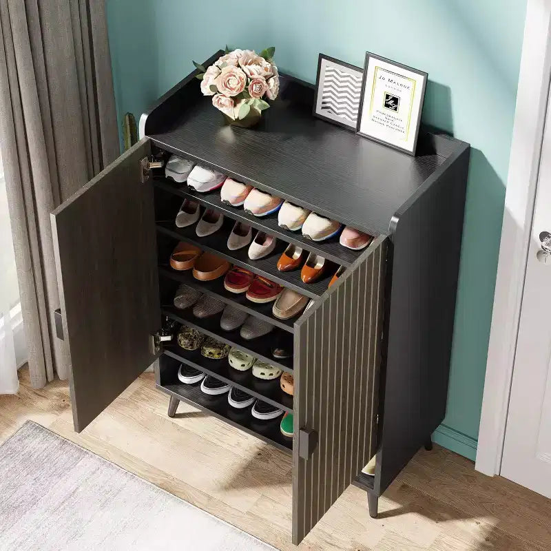 Meuble à Chaussures avec Portes, Étagère à Chaussures à 7 Niveaux avec Étagères Réglables, Organisateur de Rangement de Chaussures en Bois pour Entrée, Placard, Salon, Gris