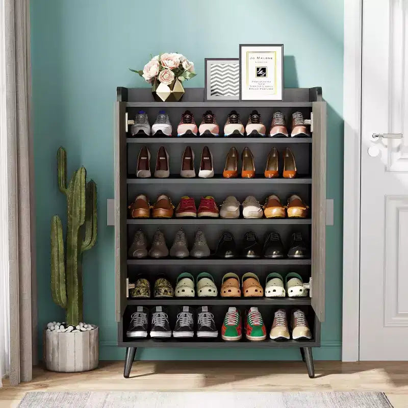 Meuble à Chaussures avec Portes, Étagère à Chaussures à 7 Niveaux avec Étagères Réglables, Organisateur de Rangement de Chaussures en Bois pour Entrée, Placard, Salon, Gris