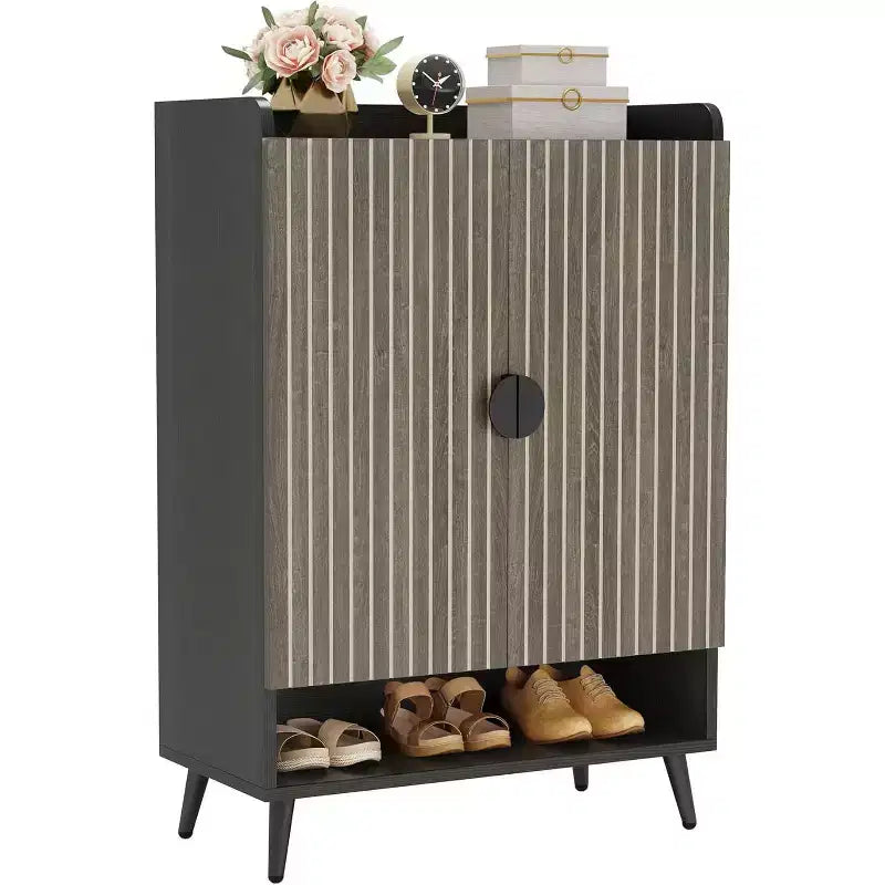 Meuble à Chaussures avec Portes, Étagère à Chaussures à 7 Niveaux avec Étagères Réglables, Organisateur de Rangement de Chaussures en Bois pour Entrée, Placard, Salon, Gris
