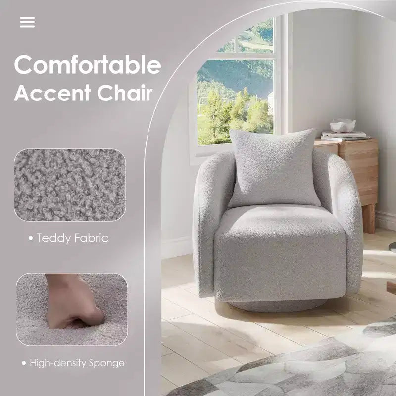 Fauteuil pivotant, Fauteuil barillet rotatif avec coussin de dossier, Structure en bois massif, Fauteuil tapissé en tissu Teddy pour Salon, Chambre, Bureau