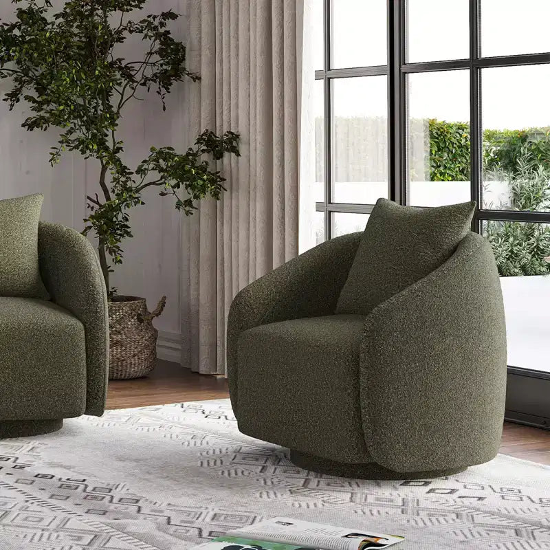 Fauteuil pivotant, Fauteuil barillet rotatif avec coussin de dossier, Structure en bois massif, Fauteuil tapissé en tissu Teddy pour Salon, Chambre, Bureau