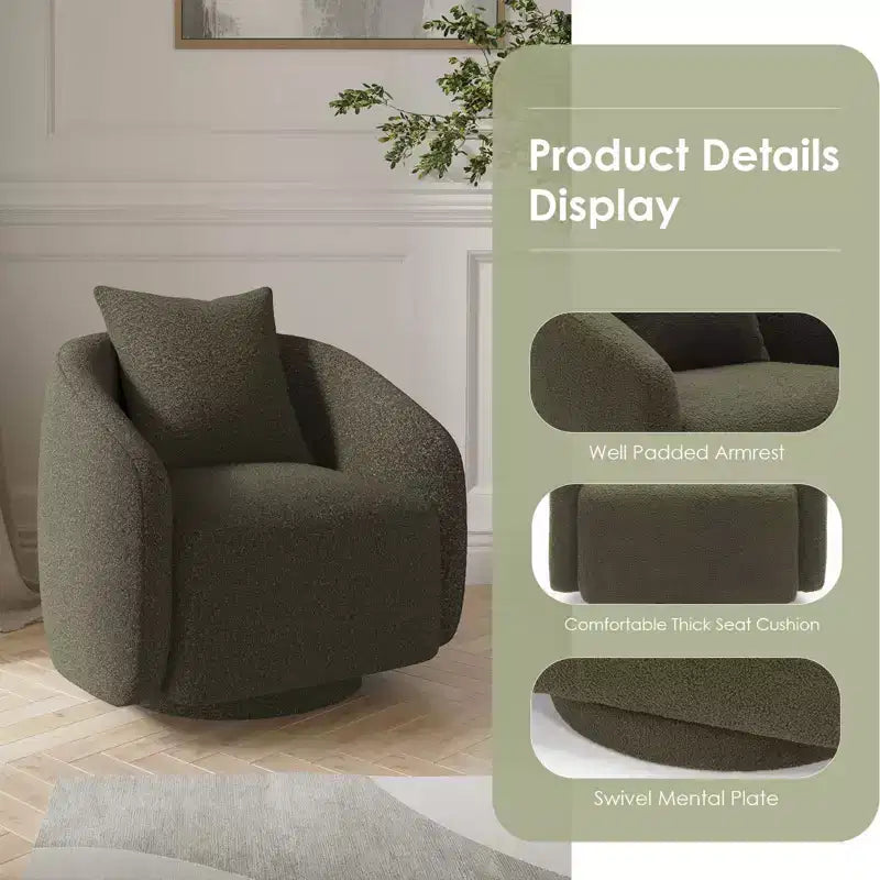 Fauteuil pivotant, Fauteuil barillet rotatif avec coussin de dossier, Structure en bois massif, Fauteuil tapissé en tissu Teddy pour Salon, Chambre, Bureau
