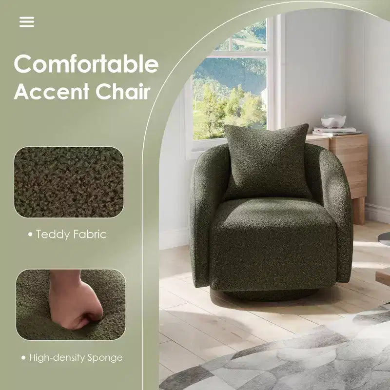 Fauteuil pivotant, Fauteuil barillet rotatif avec coussin de dossier, Structure en bois massif, Fauteuil tapissé en tissu Teddy pour Salon, Chambre, Bureau