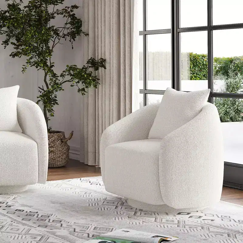 Fauteuil pivotant, Fauteuil barillet rotatif avec coussin de dossier, Structure en bois massif, Fauteuil tapissé en tissu Teddy pour Salon, Chambre, Bureau