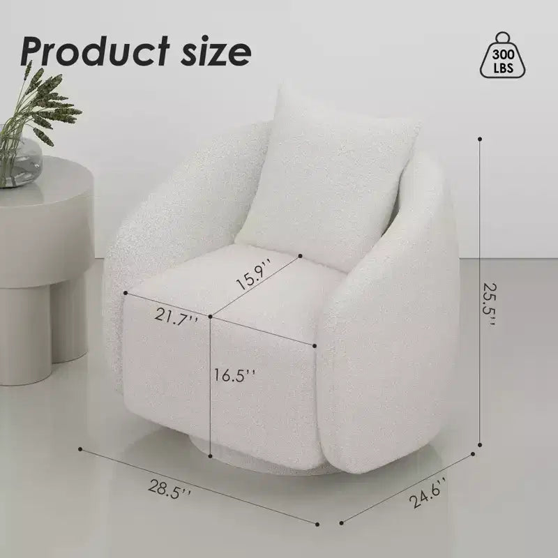 Fauteuil pivotant, Fauteuil barillet rotatif avec coussin de dossier, Structure en bois massif, Fauteuil tapissé en tissu Teddy pour Salon, Chambre, Bureau