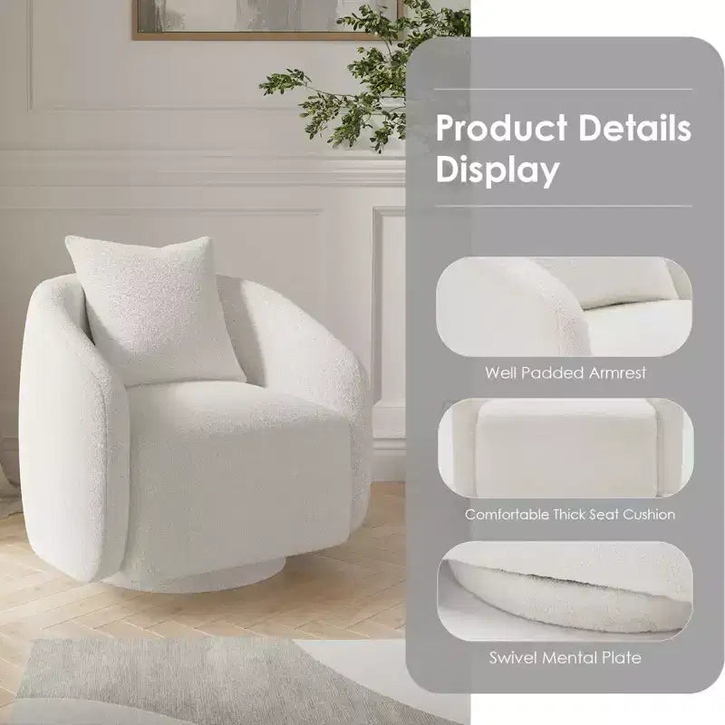 Fauteuil pivotant, Fauteuil barillet rotatif avec coussin de dossier, Structure en bois massif, Fauteuil tapissé en tissu Teddy pour Salon, Chambre, Bureau