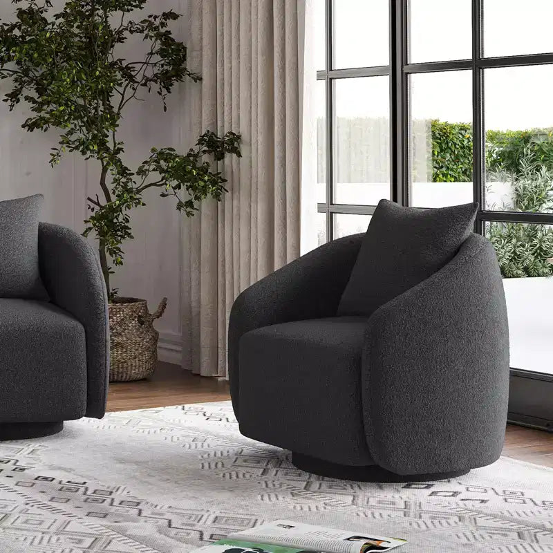 Fauteuil pivotant, Fauteuil barillet rotatif avec coussin de dossier, Structure en bois massif, Fauteuil tapissé en tissu Teddy pour Salon, Chambre, Bureau