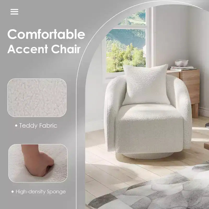 Fauteuil pivotant, Fauteuil barillet rotatif avec coussin de dossier, Structure en bois massif, Fauteuil tapissé en tissu Teddy pour Salon, Chambre, Bureau