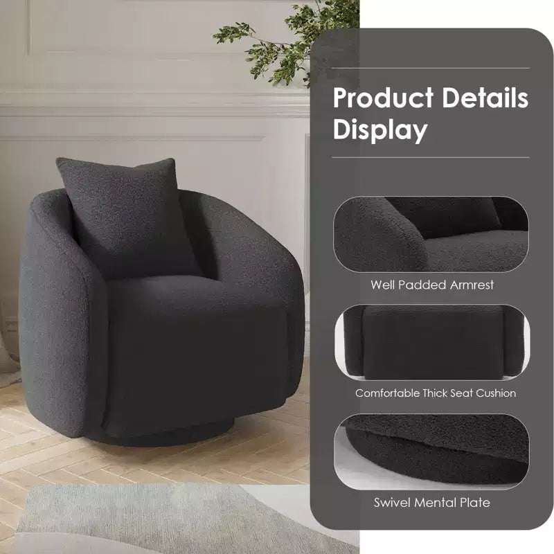 Fauteuil pivotant, Fauteuil barillet rotatif avec coussin de dossier, Structure en bois massif, Fauteuil tapissé en tissu Teddy pour Salon, Chambre, Bureau