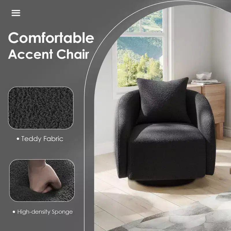 Fauteuil pivotant, Fauteuil barillet rotatif avec coussin de dossier, Structure en bois massif, Fauteuil tapissé en tissu Teddy pour Salon, Chambre, Bureau
