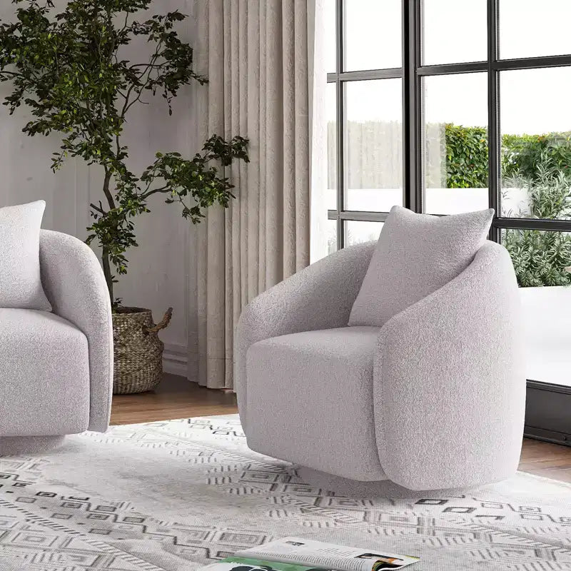 Fauteuil pivotant, Fauteuil barillet rotatif avec coussin de dossier, Structure en bois massif, Fauteuil tapissé en tissu Teddy pour Salon, Chambre, Bureau