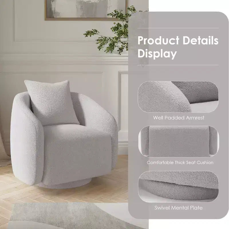 Fauteuil pivotant, Fauteuil barillet rotatif avec coussin de dossier, Structure en bois massif, Fauteuil tapissé en tissu Teddy pour Salon, Chambre, Bureau