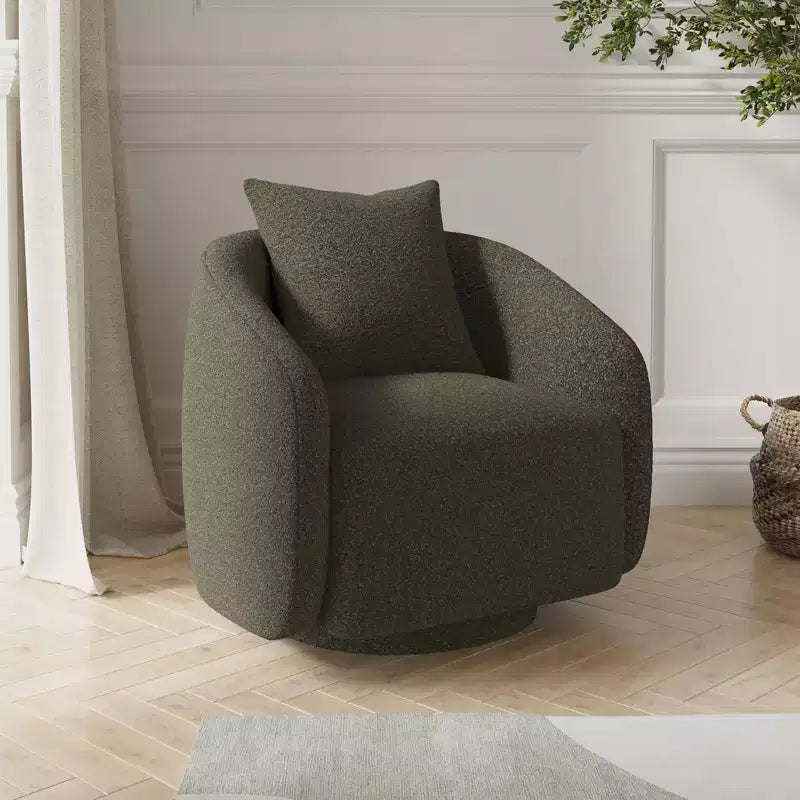 Fauteuil pivotant, Fauteuil barillet rotatif avec coussin de dossier, Structure en bois massif, Fauteuil tapissé en tissu Teddy pour Salon, Chambre, Bureau