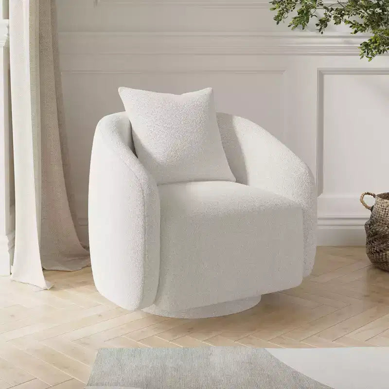 Fauteuil pivotant, Fauteuil barillet rotatif avec coussin de dossier, Structure en bois massif, Fauteuil tapissé en tissu Teddy pour Salon, Chambre, Bureau
