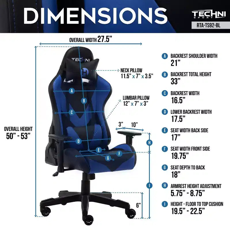 Chaise de jeu ergonomique réglable, chaises de bureau pivotantes à 360° avec oreiller appui-tête et lombaire, chaise inclinable de 90 à 150° pour le bureau et la maison, charge maximale de 113 kg, bleue