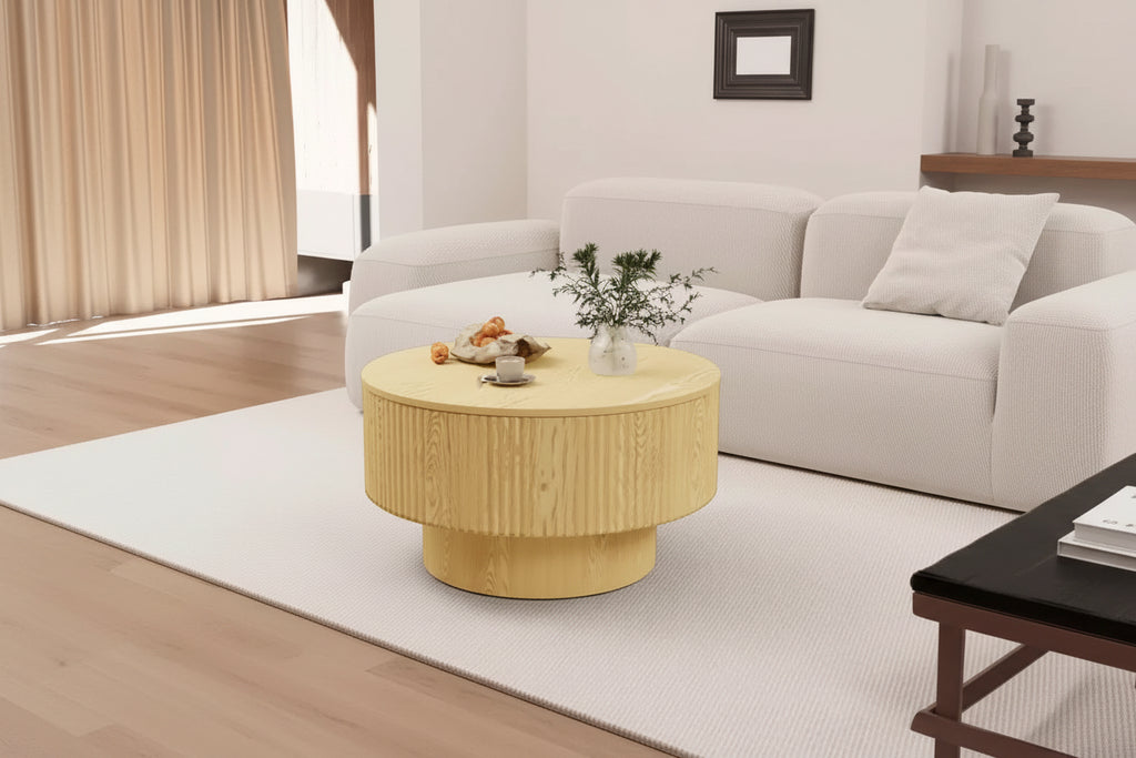 29.53  MDF modern circular coffee table with circular stripe design and storage space, for home and kitchen