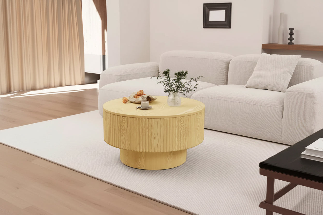 29.53  MDF modern circular coffee table with circular stripe design and storage space, for home and kitchen