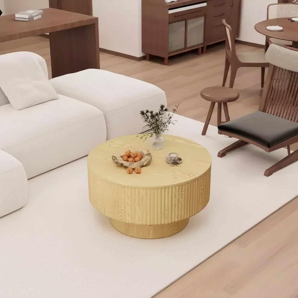 Table basse circulaire moderne de 29,53 MDF avec motif à rayures circulaires et espace de rangement, pour la maison et la cuisine