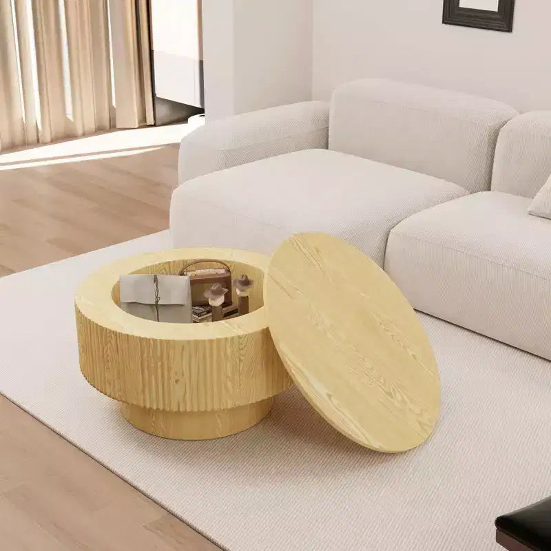 Table basse circulaire moderne de 29,53 MDF avec motif à rayures circulaires et espace de rangement, pour la maison et la cuisine