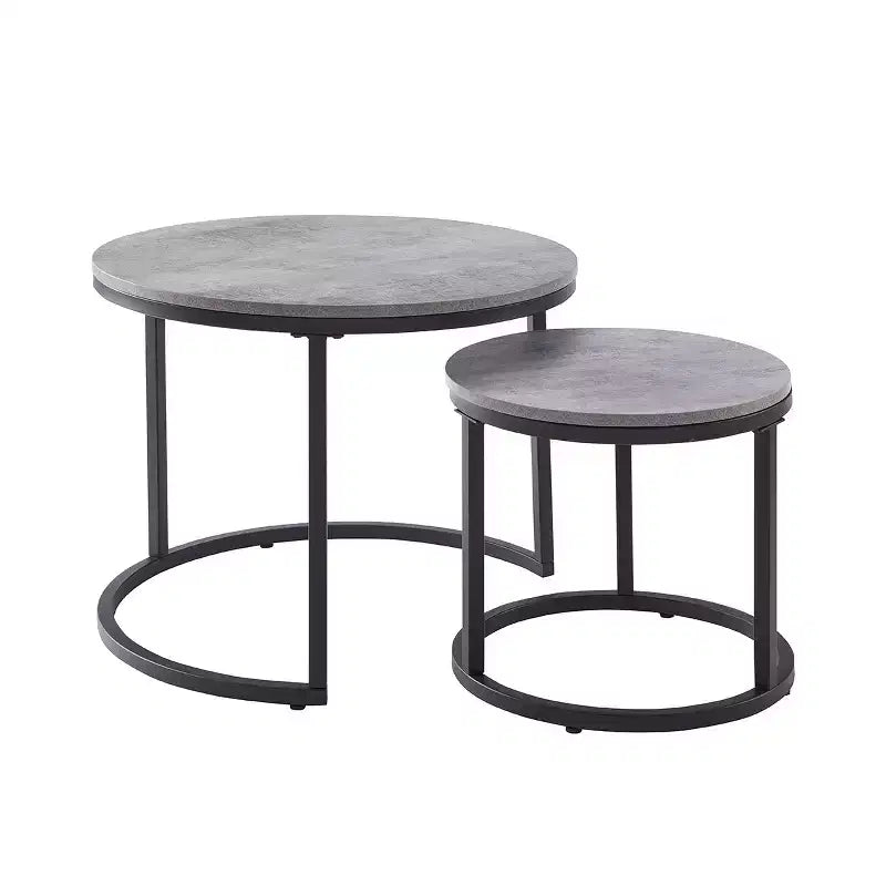 Table gigogne ronde de 24 po, Table d'appoint/à café, Fini bois gris aspect béton ciré, Peu encombrante, Style industriel moderne
