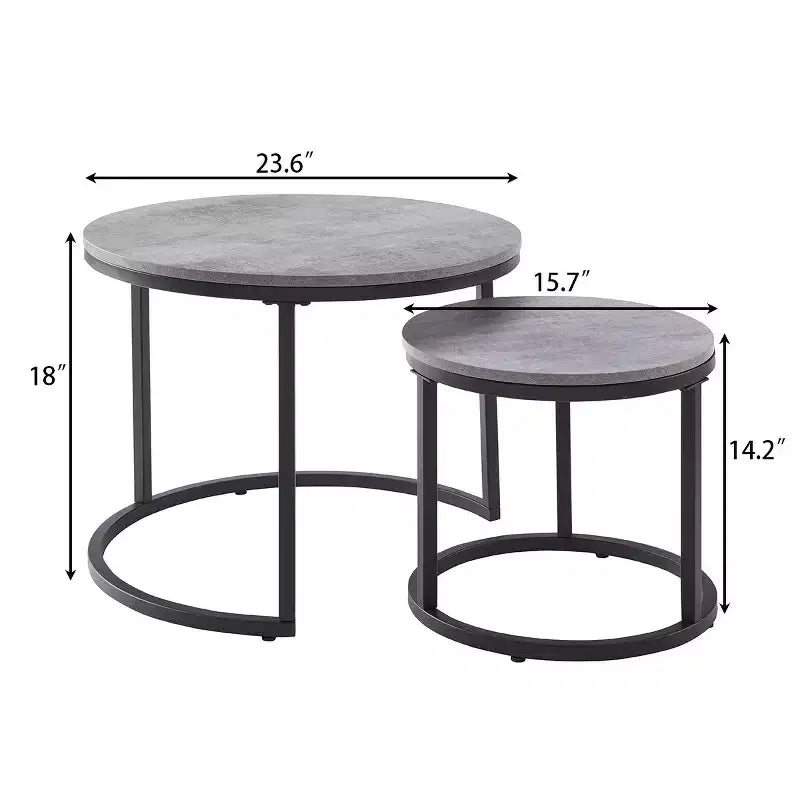 Table gigogne ronde de 24 po, Table d'appoint/à café, Fini bois gris aspect béton ciré, Peu encombrante, Style industriel moderne