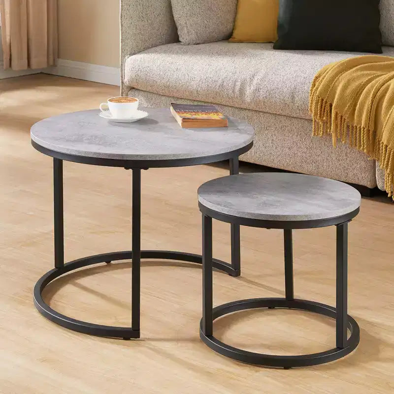 Table gigogne ronde de 24 po, Table d'appoint/à café, Fini bois gris aspect béton ciré, Peu encombrante, Style industriel moderne
