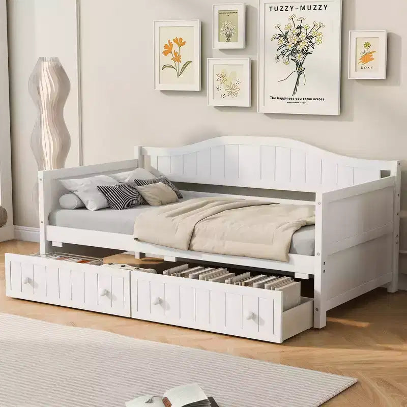 Lit de repos double en bois avec 2 tiroirs, assemblage facile, blanc