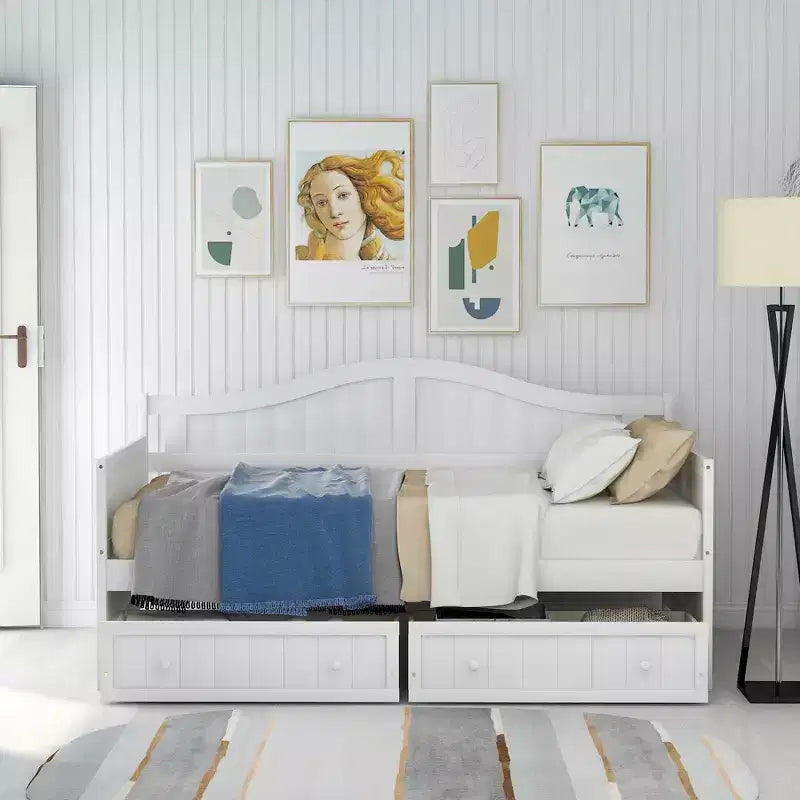 Lit de repos double en bois avec 2 tiroirs, assemblage facile, blanc