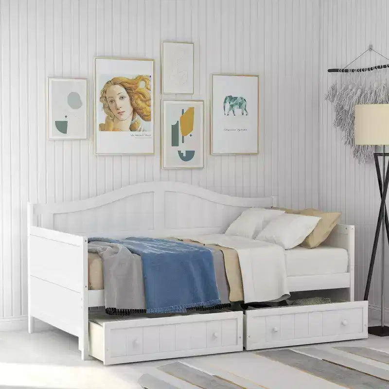 Lit de repos double en bois avec 2 tiroirs, assemblage facile, blanc