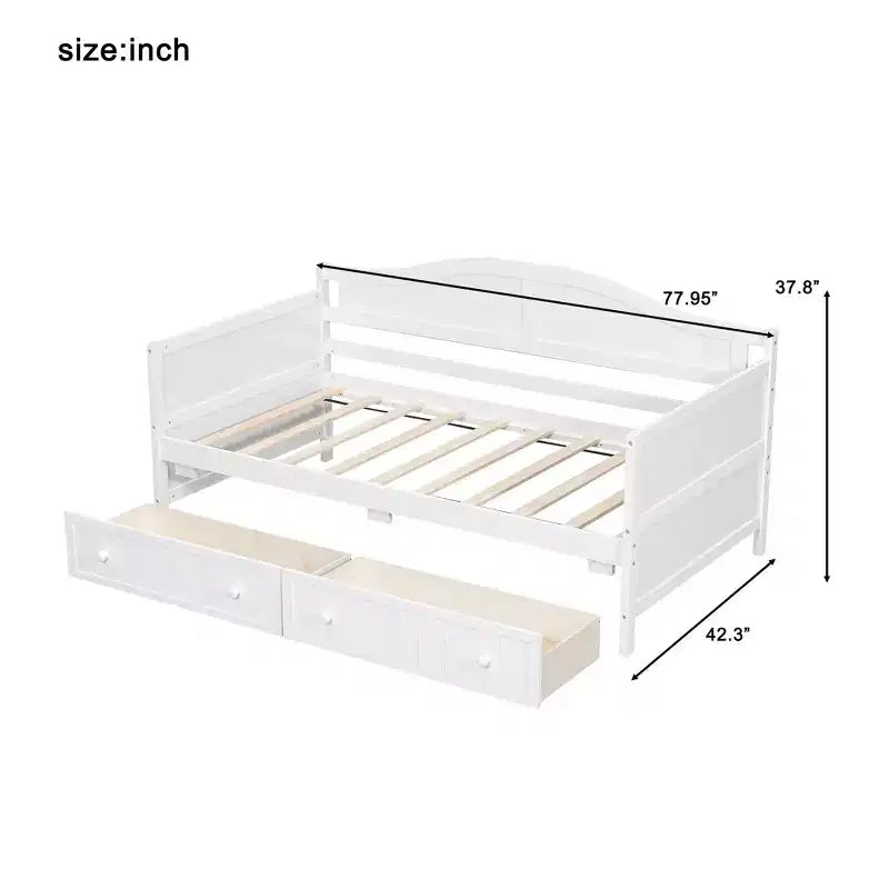 Lit de repos double en bois avec 2 tiroirs, assemblage facile, blanc