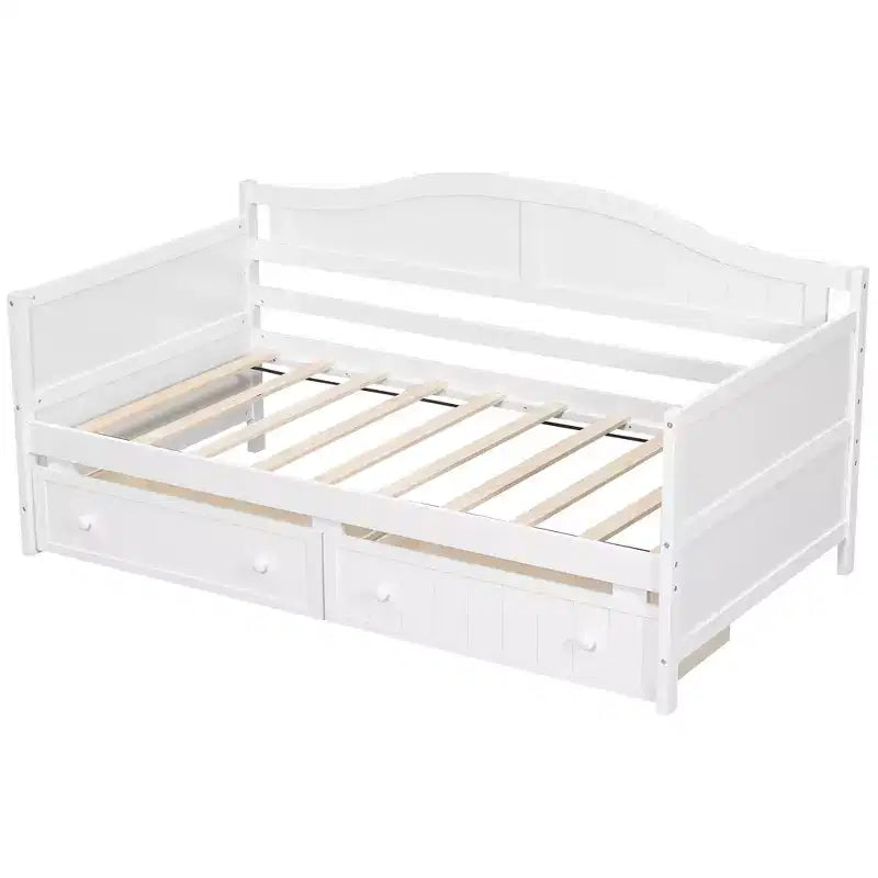 Lit de repos double en bois avec 2 tiroirs, assemblage facile, blanc