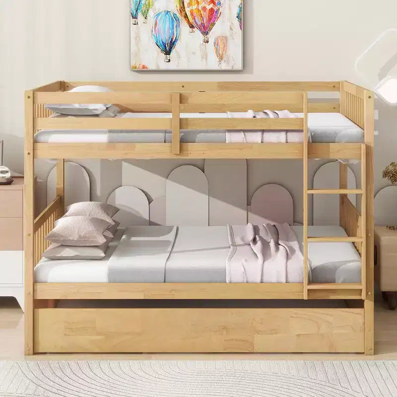 Lit superposé double sur double, cadre en bois d'hévéa pour enfants, mobilier de chambre d'intérieur, convertible en 2 lits séparés, lit gigogne coulissant - Naturel