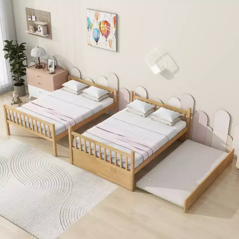 Lit superposé double sur double, cadre en bois d'hévéa pour enfants, mobilier de chambre d'intérieur, convertible en 2 lits séparés, lit gigogne coulissant - Naturel