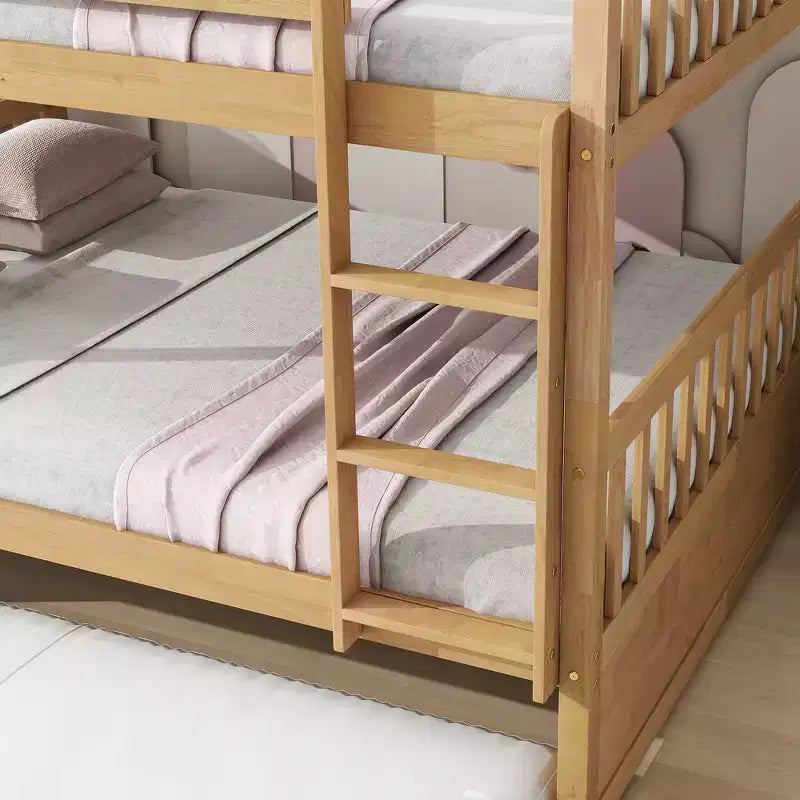 Lit superposé double sur double, cadre en bois d'hévéa pour enfants, mobilier de chambre d'intérieur, convertible en 2 lits séparés, lit gigogne coulissant - Naturel