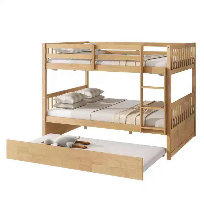 Lit superposé double sur double, cadre en bois d'hévéa pour enfants, mobilier de chambre d'intérieur, convertible en 2 lits séparés, lit gigogne coulissant - Naturel